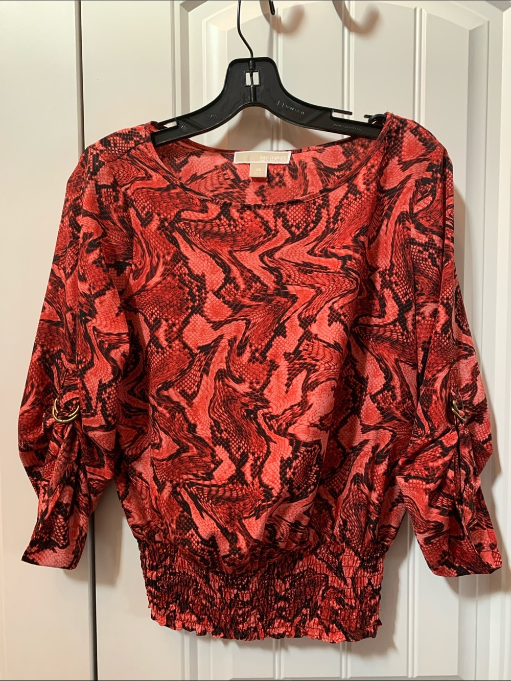 MICHAEL Michael Kors Red Orange and Black Snake-Print Smocked-Hem Blouse